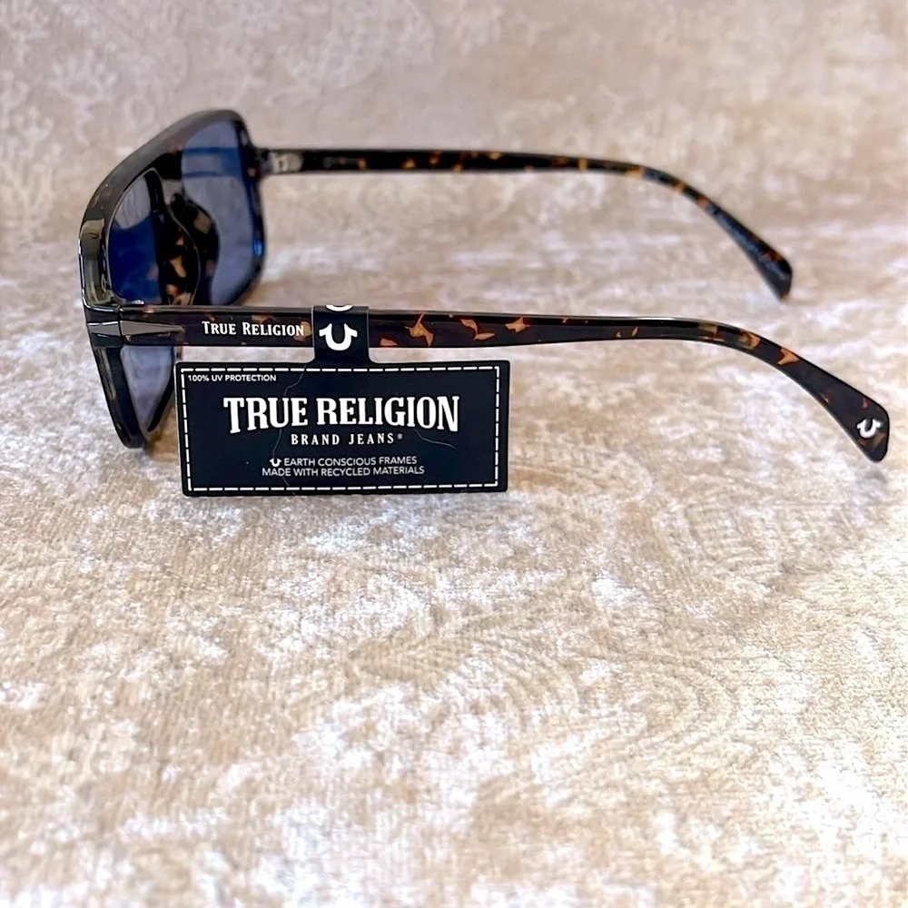 Brand New True Religion Tortoise Shell Retro Aviator Shield Sunglasses Blue Lens
